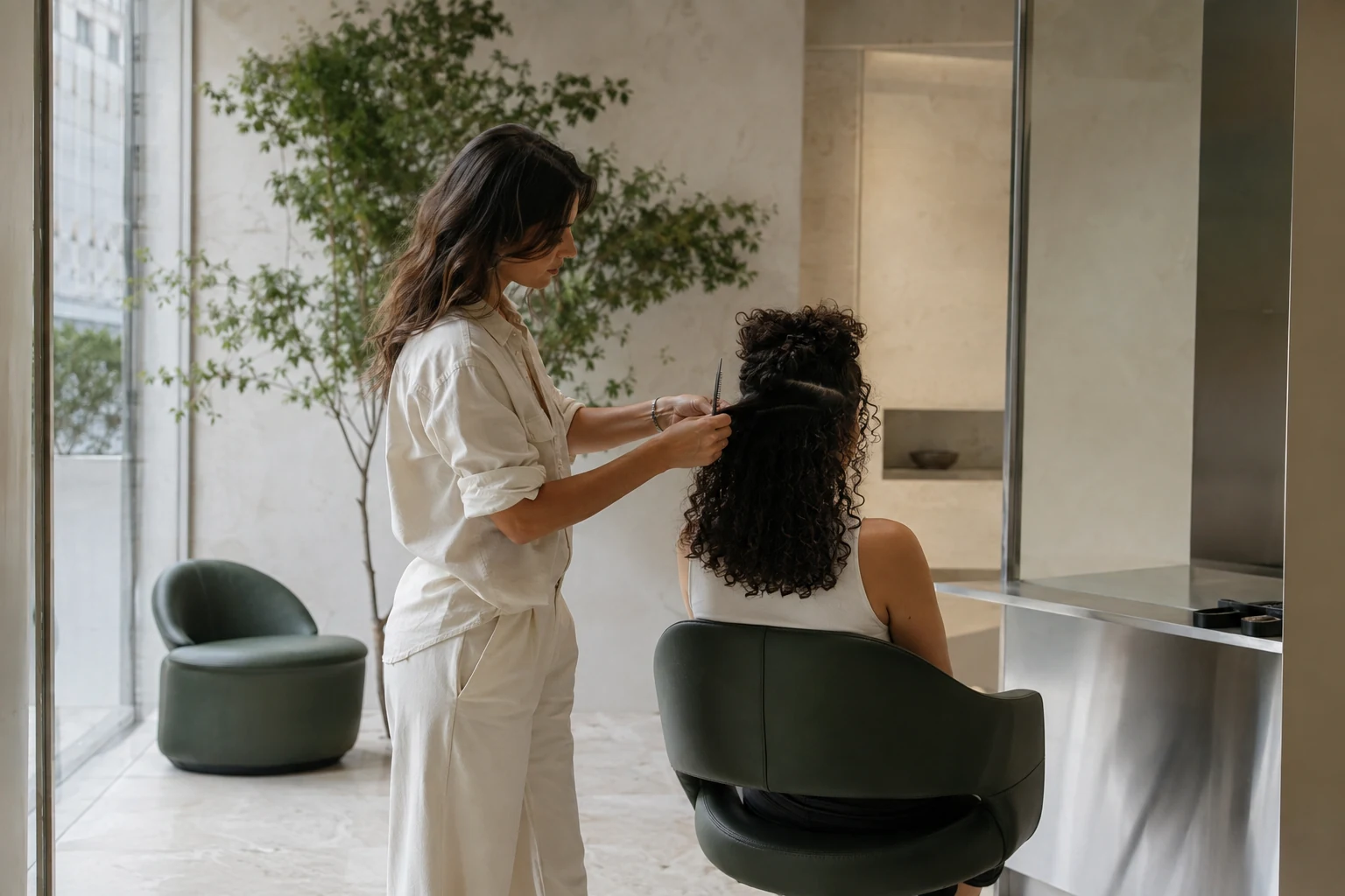 Profissional cuidando do cabelo de uma cliente em um salão contemporâneo